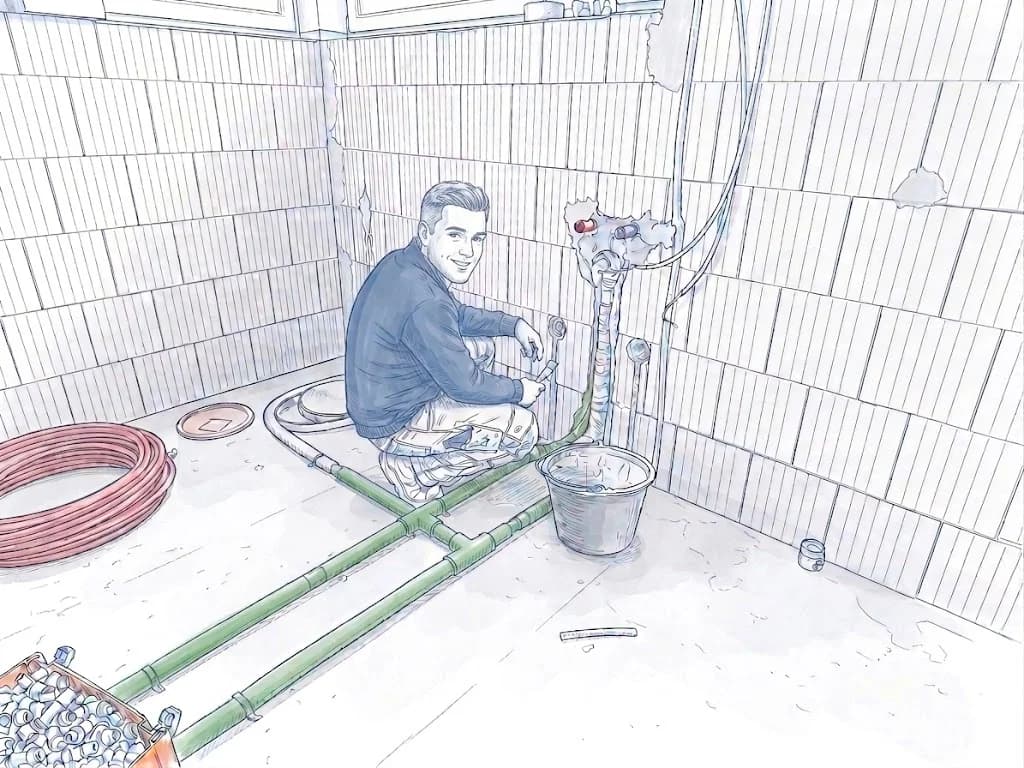 Saudan-Mitarbeiter bei sauberer Sanitärinstallation auf einer Baustelle